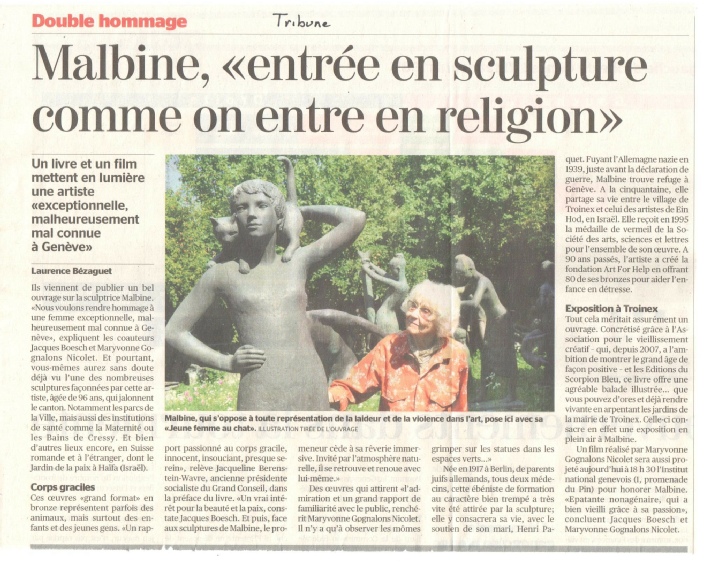 Coupure de presse - La Tribune de Genève - Malbine, « entrée en sculpture comme on entre en religion »